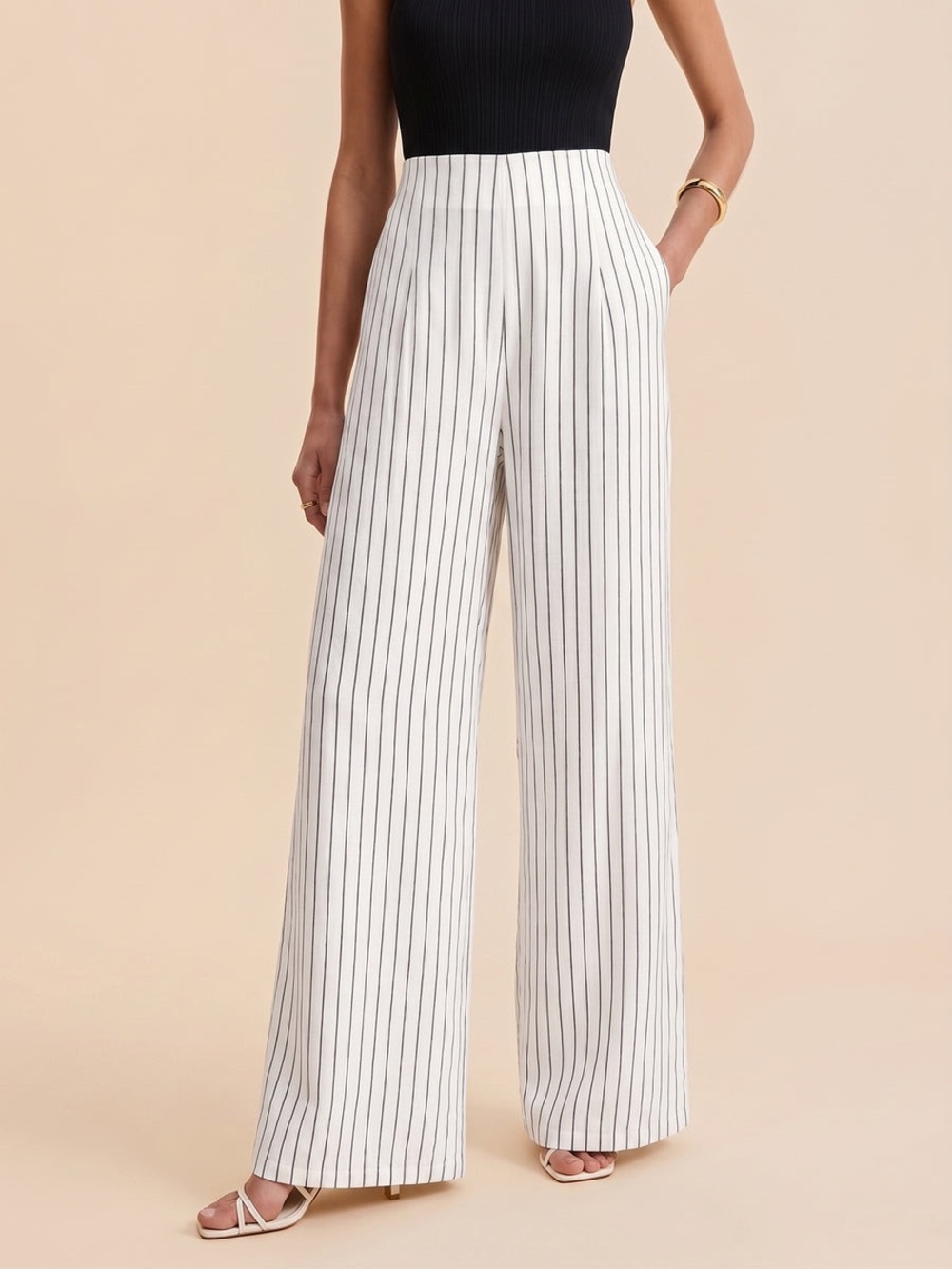 Commense Pinstripe Cotton Linen Wide Leg Pants